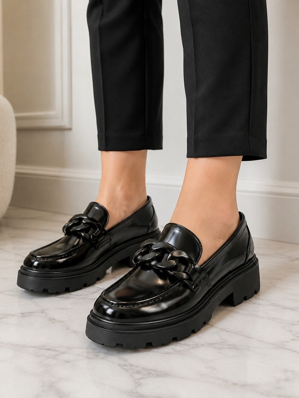 Urban Revivo Black Chunky Chain Loafers Platform Lug Sole 7.5